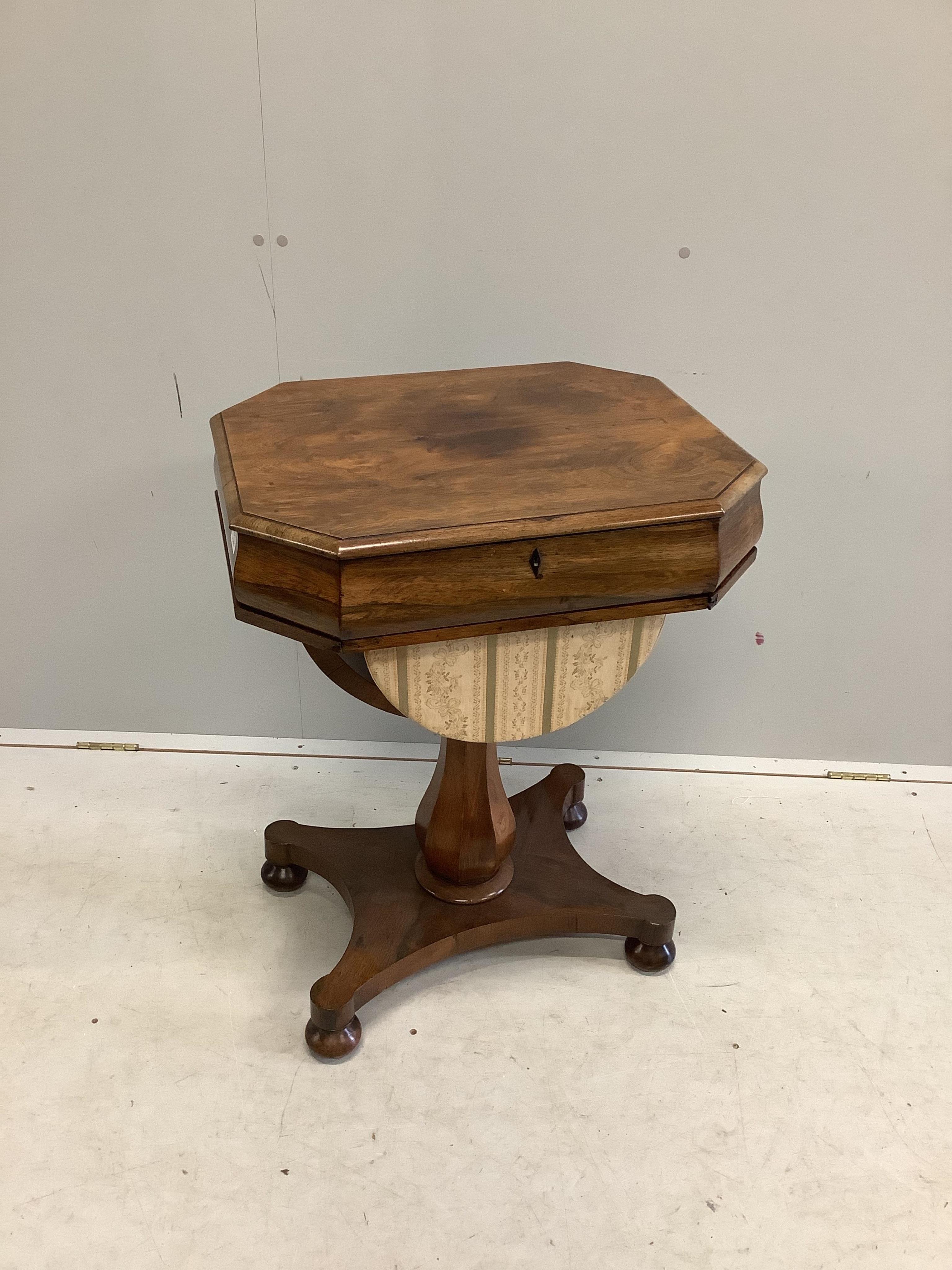 A Victorian rosewood work table, width 60cm, depth 49cm, height 79cm. Condition - fair